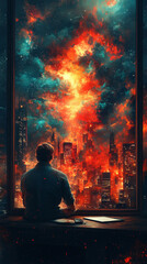 Man looks out window at fiery city