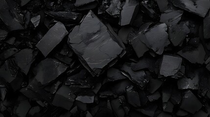 a close-up view of a pile of black coal pieces. The coal chunks are irregularly shaped and have a shiny, reflective surface, giving them a glossy appearance