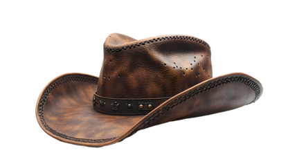 Weathered and Worn Leather Cowboy Hat with Vintage Rustic Textured Design,Evoking the Classic Western Style and Heritage