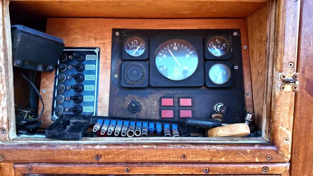 A close-up of an old wooden control panel with dials and buttons for machinery or equipment