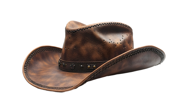 Weathered and Worn Leather Cowboy Hat with Vintage Rustic Textured Design,Evoking the Classic Western Style and Heritage