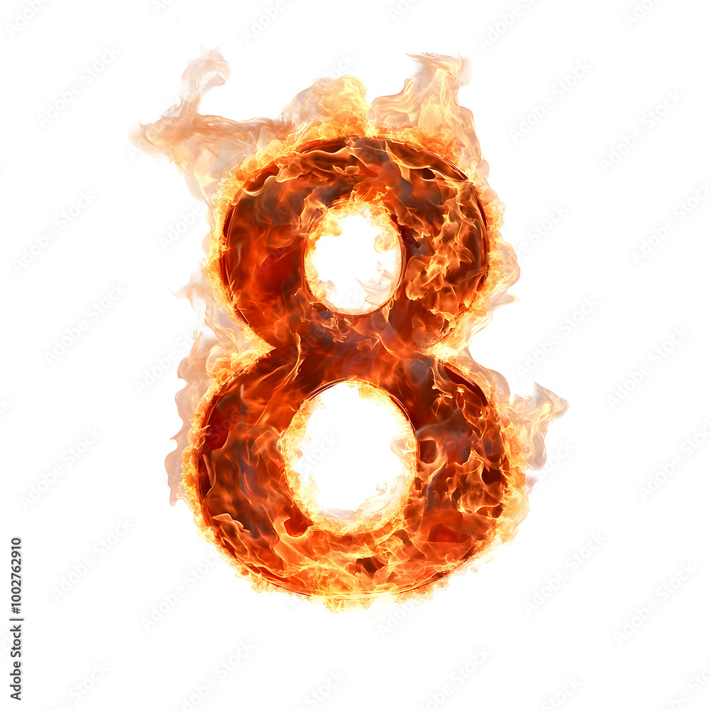 Poster Digital of a Dramatic Fiery Explosion Engulfing the Numerical Character 8 in an Intense Blaze of Flames,Conveying a Sense of Power,Energy,and Destruction.