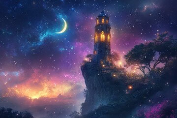 Naklejka premium Fantasy Wizard’s Tower Standing atop a Cliff, with Glowing Windows, Sparkling Stars Swirling Around It, and a Distant Crescent Moon Casting Light Over the Enchanted Forest Below. Fantasy Scenery