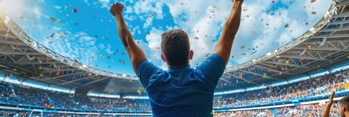 Vibrant blue stadium filled with cheering fans. Man in blue t-shirt raises arms in celebration or victory from below perspective, creating grandeur and excitement.
