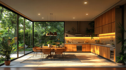 Fototapeta premium Modern kitchen with wooden cabinets and a large window overlooking a lush garden.