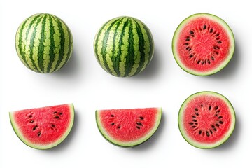 Whole watermelons, halves, and slices isolated on a white background, minimalistic food photography, top view.