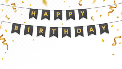 Realistic Happy Birthday party paper garland on rope, banner, golden confetti. Celebration bunting, streamer mockup. Gold and black flags set. Transparent isolated background. Vector card design © Hilch