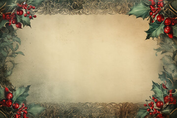 Vintage paper card with floral frame, grunge texture, old design, and holly decoration for Christmas greeting,Generated By Ai