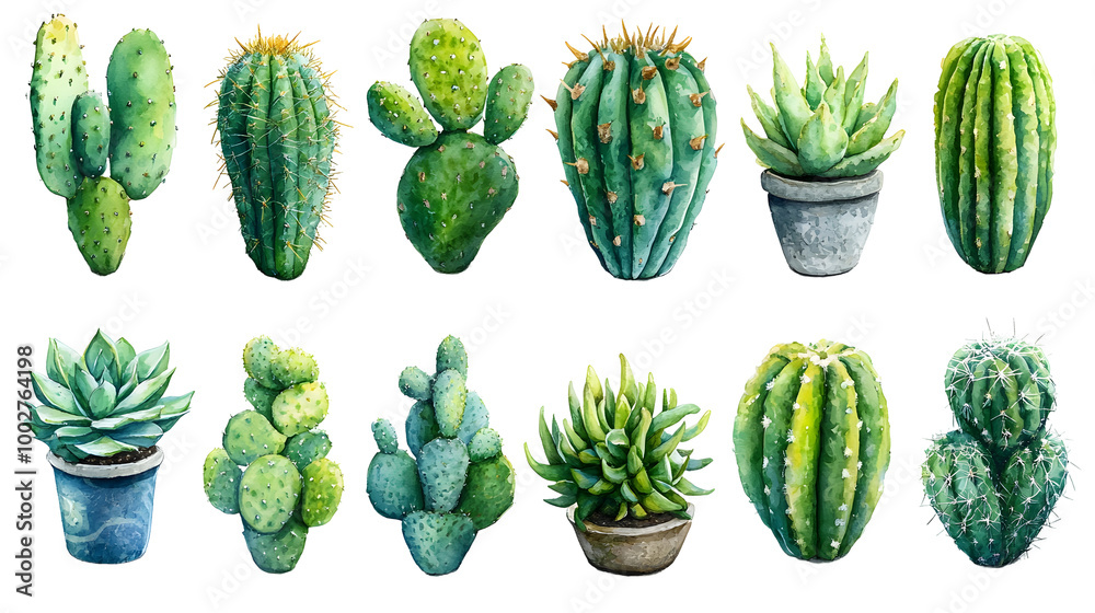 Fototapete Diverse collection of colorful and unique cactus and succulent plants in various sizes and shapes,arranged in different pots and planters. These drought-tolerant houseplants add a natural.