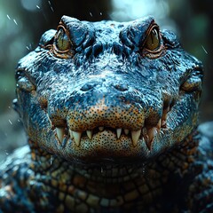 A close up of an alligator's face in the rain