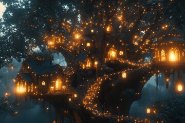 Fototapeta premium Glowing Elven Sanctuary Built atop a Giant Ancient Tree, with Shimmering Bridges Connecting Glowing Treehouses, and Soft Lights Illuminating the Branches in the Twilight. Fantasy Scenery