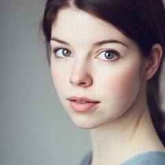 Naklejka premium A studio headshot portrait of a young woman in her mid-twenties. Her expression should be warm yet neutral and professional, suitable for acting headshots and casting calls. 