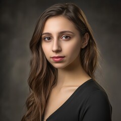 Naklejka premium A studio headshot portrait of a young woman in her mid-twenties. Her expression should be warm yet neutral and professional, suitable for acting headshots and casting calls. 