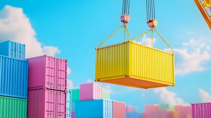 Colorful Cargo Containers Lifted by Cranes at Commercial Port with Blue Sky
