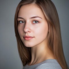 Naklejka premium A studio headshot portrait of a young woman in her mid-twenties. Her expression should be warm yet neutral and professional, suitable for acting headshots and casting calls. 