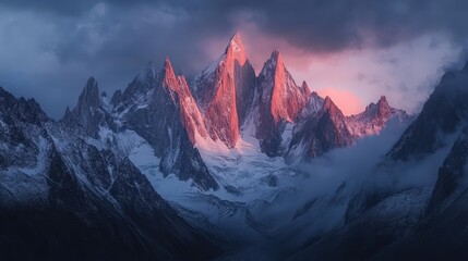 As dusk falls, a dramatic mountain range is illuminated by a warm glow, casting jagged peaks against a backdrop of darkening skies and shadowy valleys, creating a stunning natural spectacle