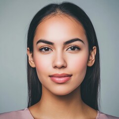 Naklejka premium A studio headshot portrait of a young woman in her mid-twenties with Cuban heritage. Her expression should be warm yet neutral and professional, suitable for acting headshots and casting calls. 