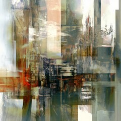 Abstract cityscape with overlapping transparent layers, urban textures, and muted colors 