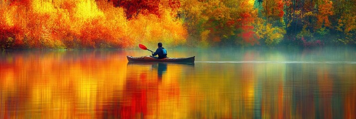 Naklejka premium A person kayaking in water with colorful Autumn foliage woods
