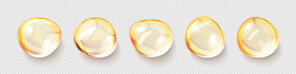 Cosmetic oil droplets. Clear liquid serum drops. Collagen essence bubbles. Concept skincare cosmetics solution. Vector realistic illustration
