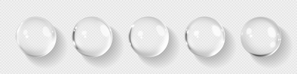 Clear liquid bubbles. Hyaluronic acid. Collagen clear drops. Cosmetic serum. Skincare product. Vector illustration