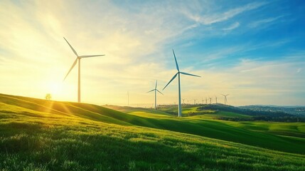 Obraz premium A wind farm on rolling hills, symbolizing renewable energy and the responsibility to protect the planet, [sustainability , renewable , responsibility], [clean energy initiative],