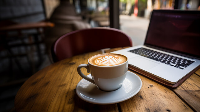 Cup of cappuccino with latte art next to a laptop on a wooden table in a cozy cafe