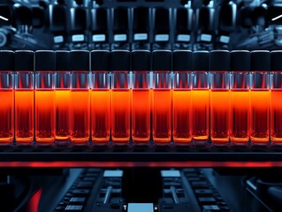 Biological lab with glowing test tubes and robotic sample handlers, futuristic setting, Biological lab, Futuristic lab tools