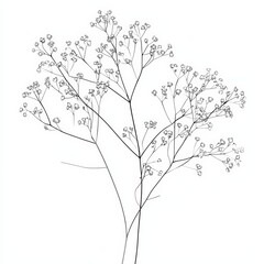 black and white transparent line drawing of a Babys Breath, white background, delicate drawing with no shadows or shading