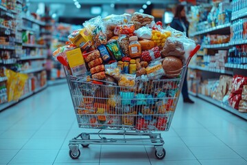 The basket is full of goods. A bunch of products in the basket. Overflowing.