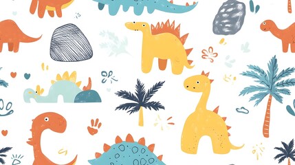 Colorful Prehistoric Dinosaur and Nature Doodle Pattern Design
