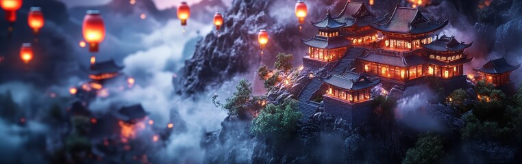 Fototapeta premium Ancient Chinese City atop a Mountain, with Glowing Lanterns Floating in the Air, Pagodas Made of Jade, and Mist Rolling in from the Valley Below. Fantasy Scenery