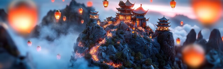 Fototapeta premium Ancient Chinese City atop a Mountain, with Glowing Lanterns Floating in the Air, Pagodas Made of Jade, and Mist Rolling in from the Valley Below. Fantasy Scenery