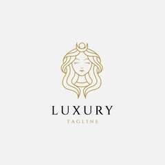 Luxurious greek goddess woman with line style logo icon design template.