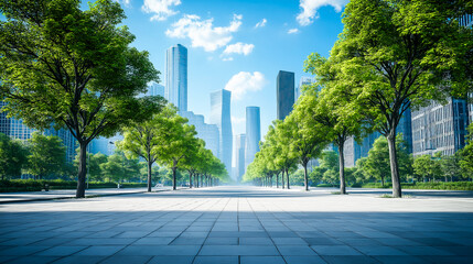 Green Urban Avenue with Skyscraper Backdrop