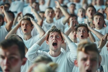 Group of disappointed sports fans react to missed goal or mistake in stadium. Fans wear white clothes and display frustration with hands on heads, sitting or standing together, focused on center.