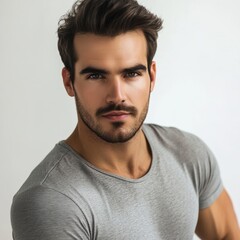 Obraz premium hyper realistic photograph of a handsome american man in a t-shirt looking directly at the camera.