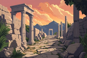 A Stone Path Leading Through Ancient Ruins Under a Sunset Sky