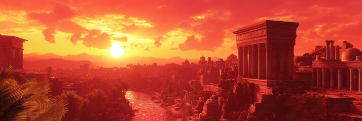 Fototapeta premium Majestic Fantasy Sunset Over Ancient City with River and Temples
