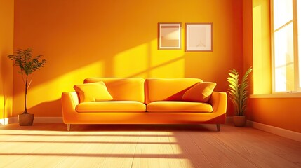 Relaxed cartoon couch with a content smile, enjoying its cozy position in a sunlit living room.