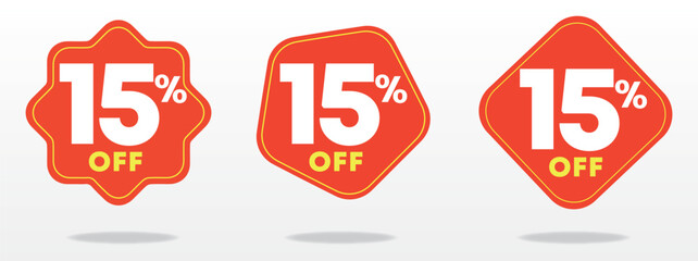 15% off. Special offer label, price, value, sticker. Business, promotion. Sales, store, shop, ads. Discount percentage poster. Red, yellow. Set, icon, vector