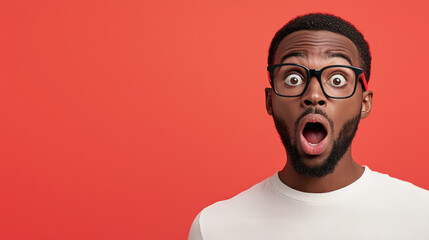 A shocked young man with glasses expressing surprise against a vibrant red background, capturing a moment of astonishment, closeup of a person squinting in surprise, plain coral background