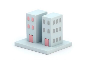 Office building with entrance and reflection on white background
