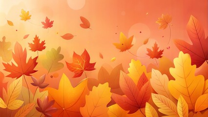 Falling orange and yellow autumn leaves in soft sunlight.