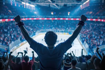 Intense hockey action on ice rink. Player raises arms high above head in powerful swing. Stadium filled with cheering fans, scoreboard displayed on large screen.