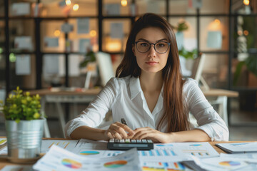 Fototapeta premium Businesswoman sitting in office analyzing financial documents with calculator and charts on table.