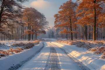 A serene winter trail through a snow covered forest with frosty trees and crisp air