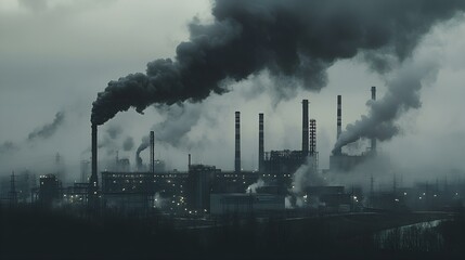 Industrial smog billows from factory chimneys, polluting the air and contributing to global warming