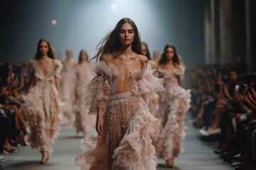 Models display intricate fringe gowns on a vibrant runway, capturing the essence of modern elegance and captivating the audience with their striking artistry.