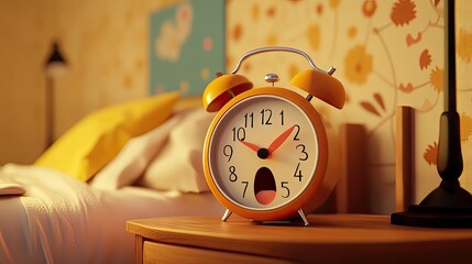 Sleepy cartoon alarm clock, yawning and looking tired as it struggles to stay awake on a nightstand.